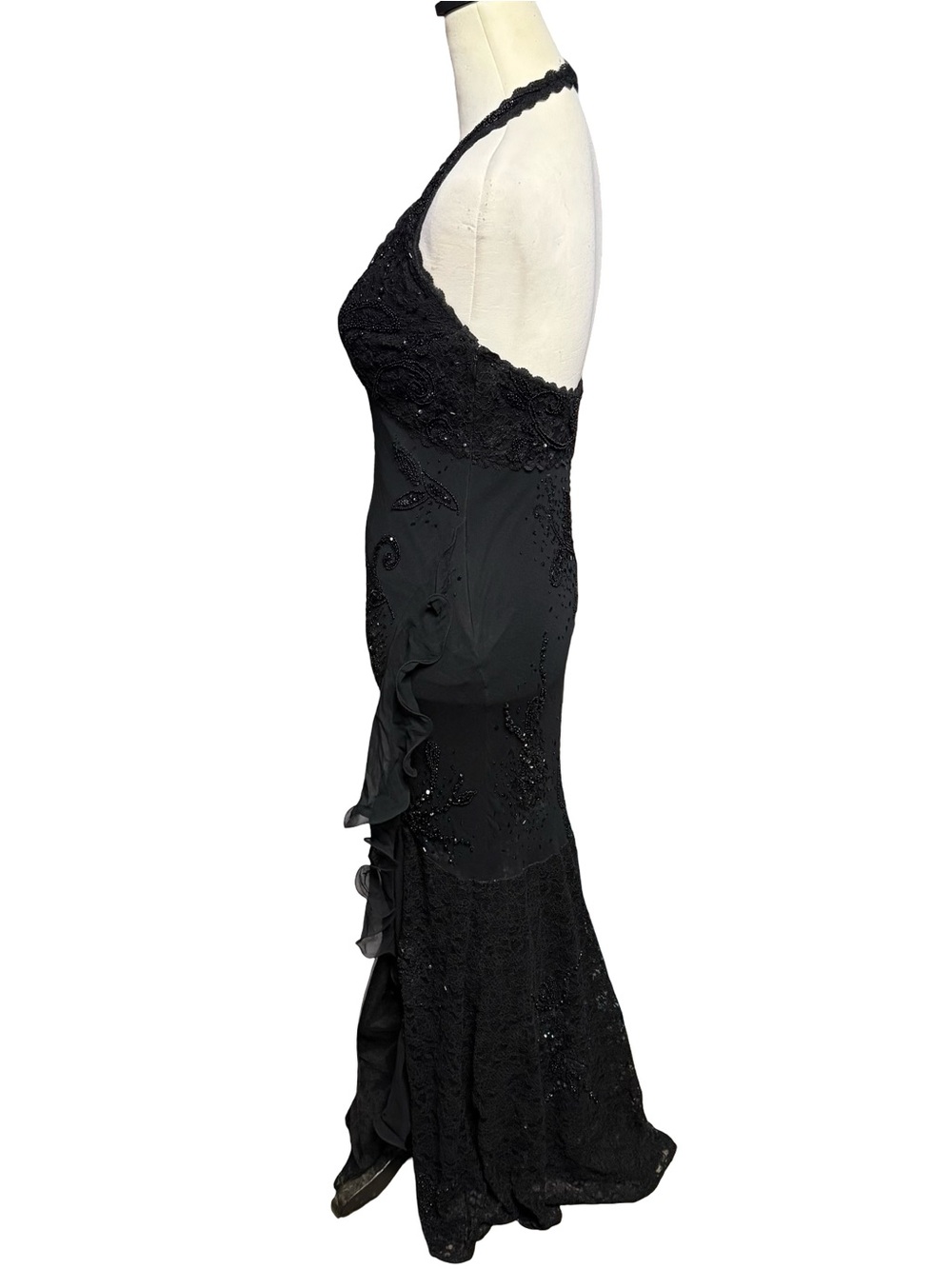 Vintage Y2K Cache Black Pure Silk Beaded Halter Mermaid Maxi Gown Dress Sz 8 - Picture 10 of 16